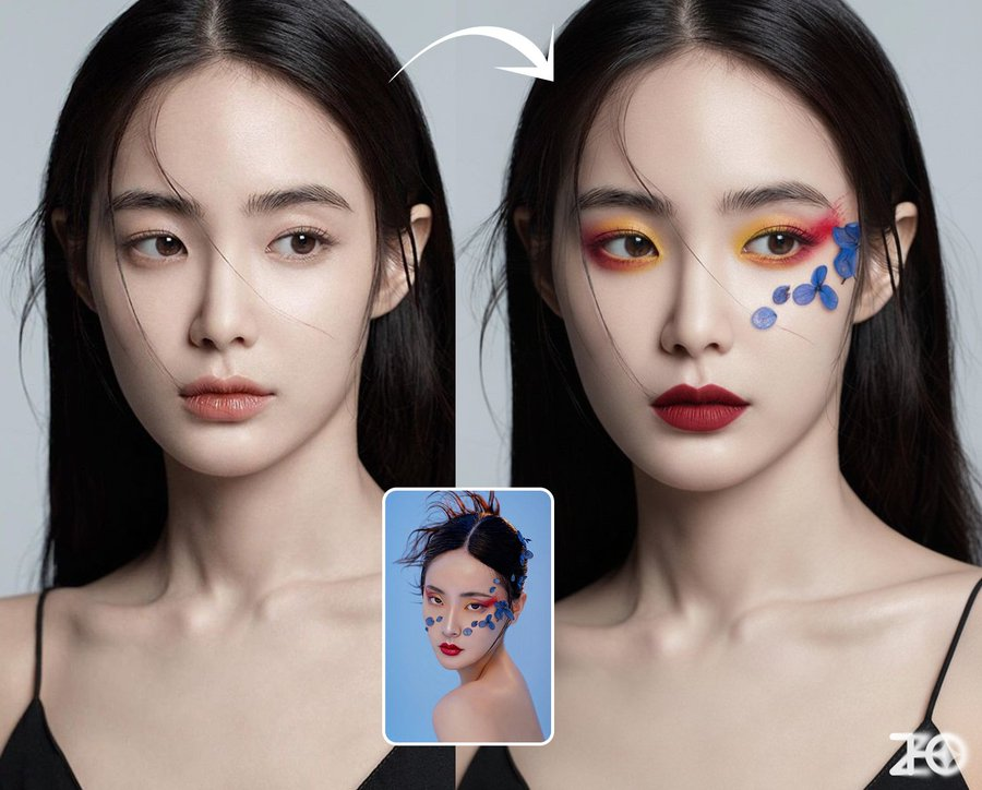 为图一人物化上图二的妆,还保持图一的姿势