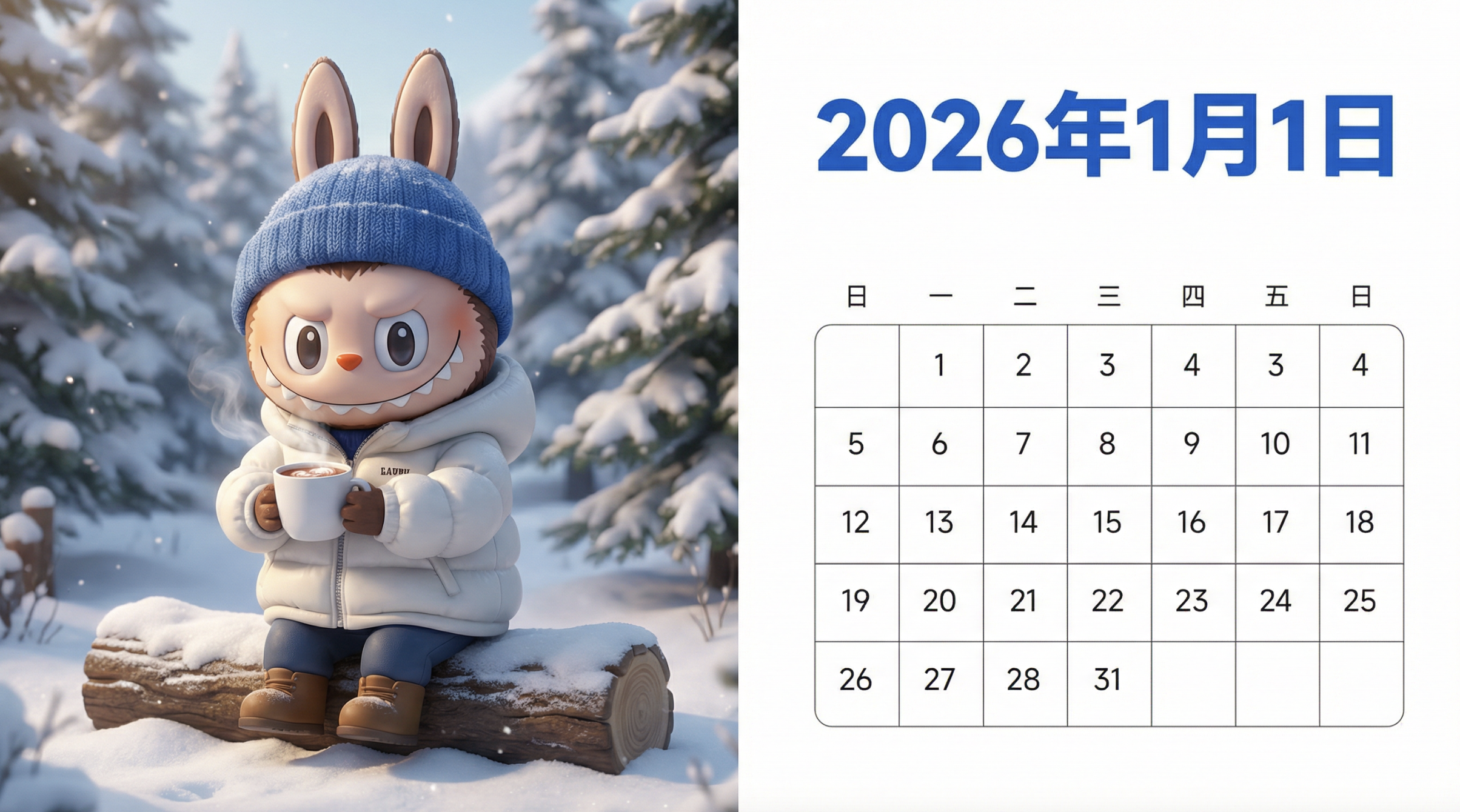 一种横向日历卡片设计,采用分屏构图。
左侧:LABUBU角色的详细3D渲染图,它穿着厚实蓬松的白色羽