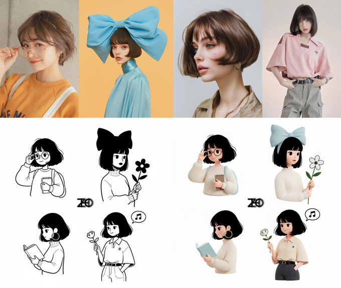 把前四个人物都变成图五那样的 黑白 极简风插画,人物要可爱并保持各自特点,并为每个人物配上合适的小道