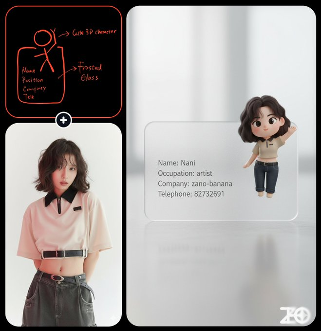 按照我的图一名片设计稿的构图和质感,为我的图二人物生成卡片 卡片右上角为可爱卡通形象,突出于卡片